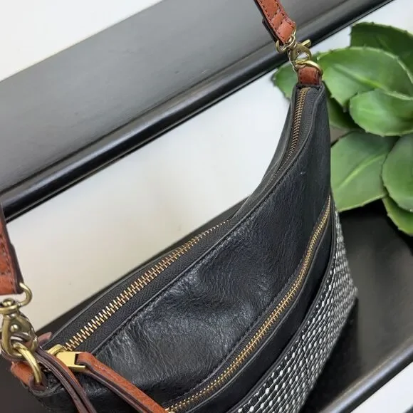 Fossil genuine leather waxed canvas crossbody shoulder handbag purse neutral - Picture 4 of 14